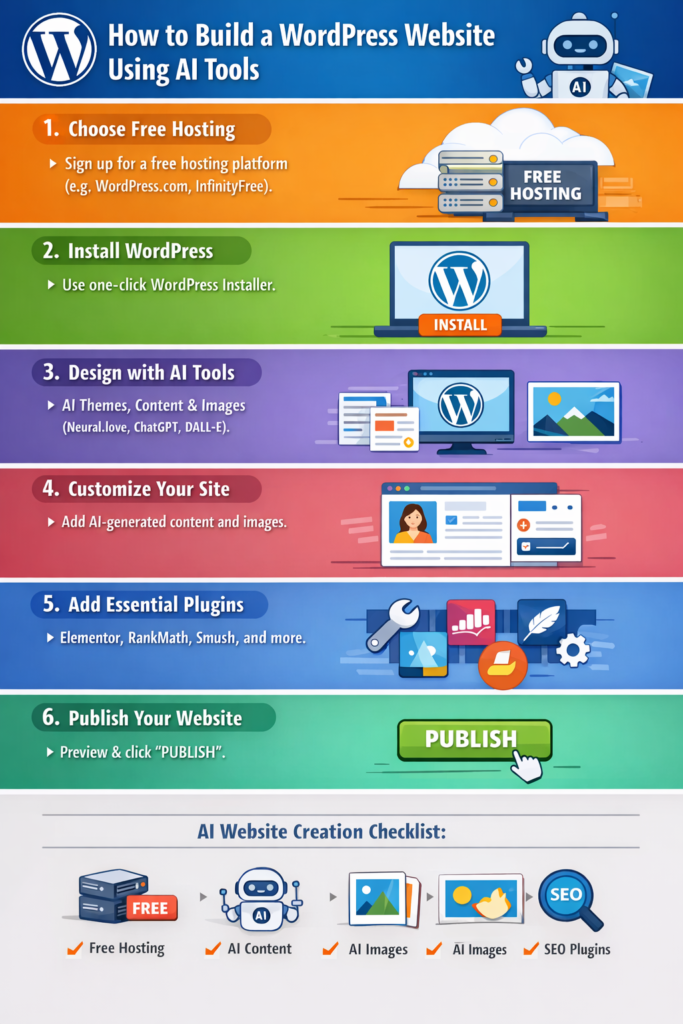 Launch a professional WordPress site with zero investment using AI tools. Complete guide with free hosting, AI content, images, and plugin setup.